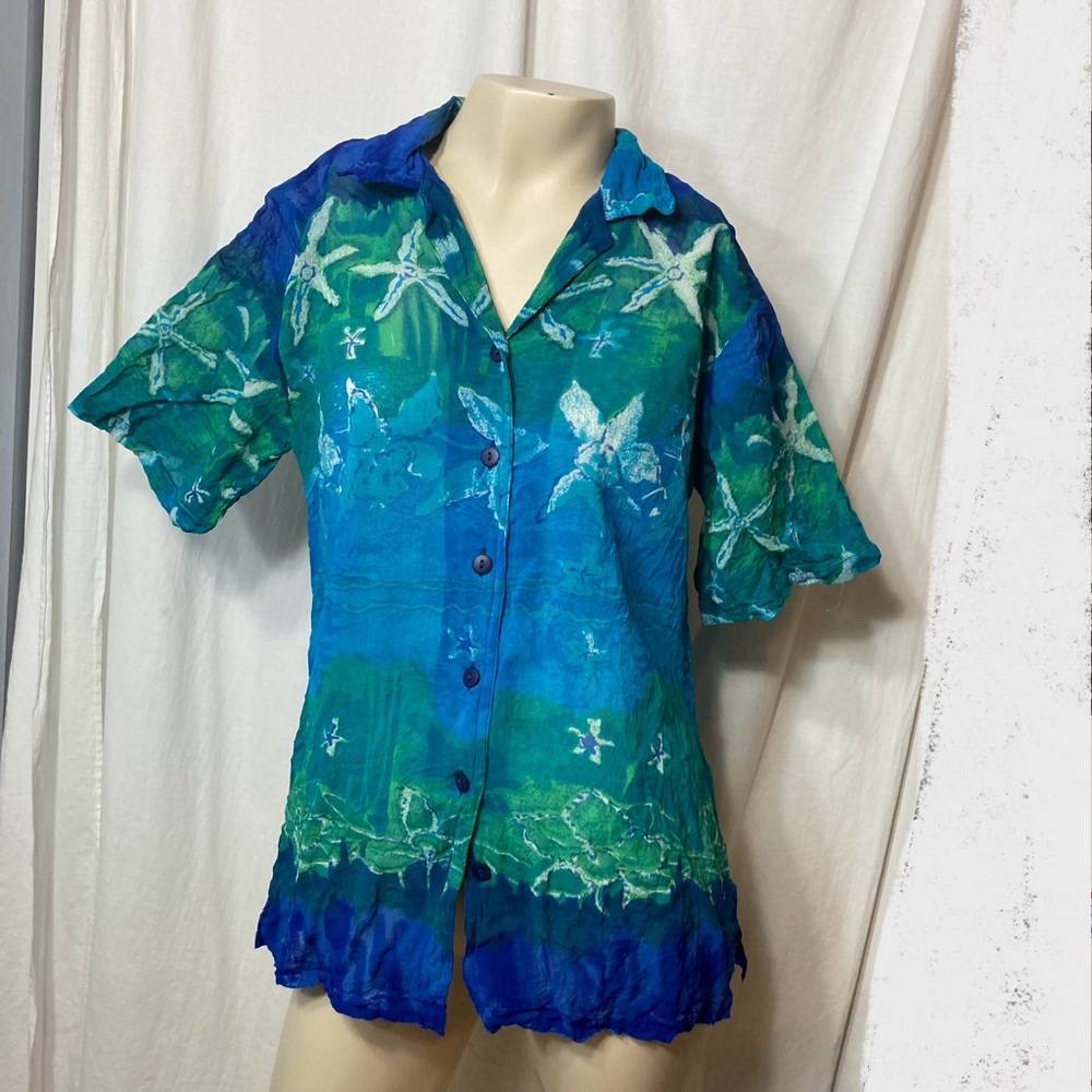 Phool vintage Y2K 90s mesh blue ocean surf pool button down medium